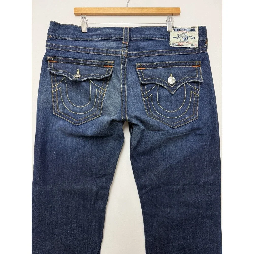 True Religion Ricky Jeans Mens 34x32 Blue Relaxed Straight Zip Fly Stretch Flap